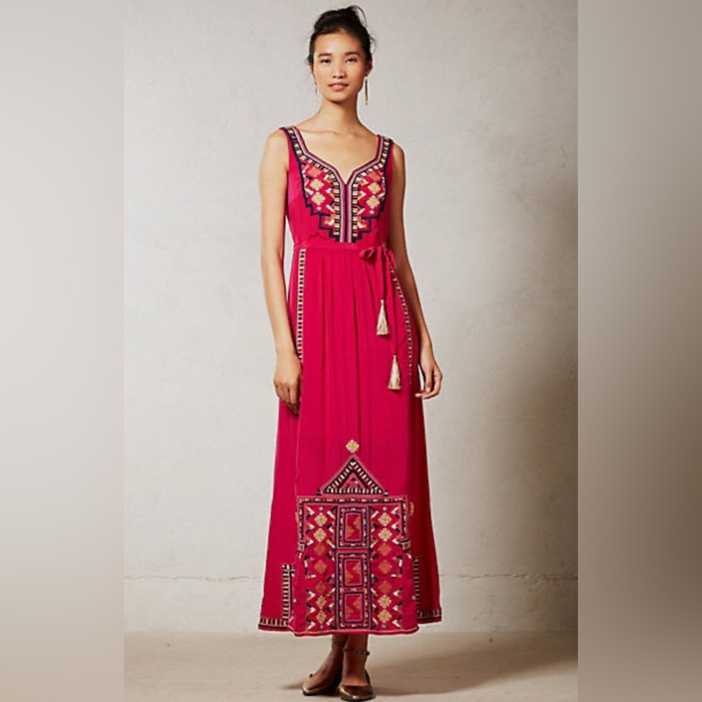Anthropologie's VanessaVirginia Maxi embroidered pink boho dress
